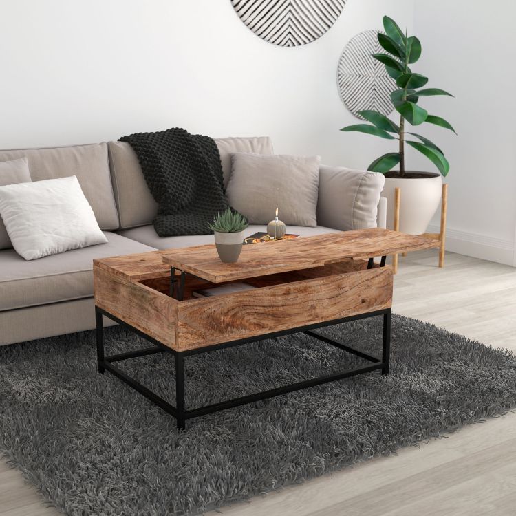 Wrought Iron Lift Top Coffee Table, Solid Wood Top Coffee Table